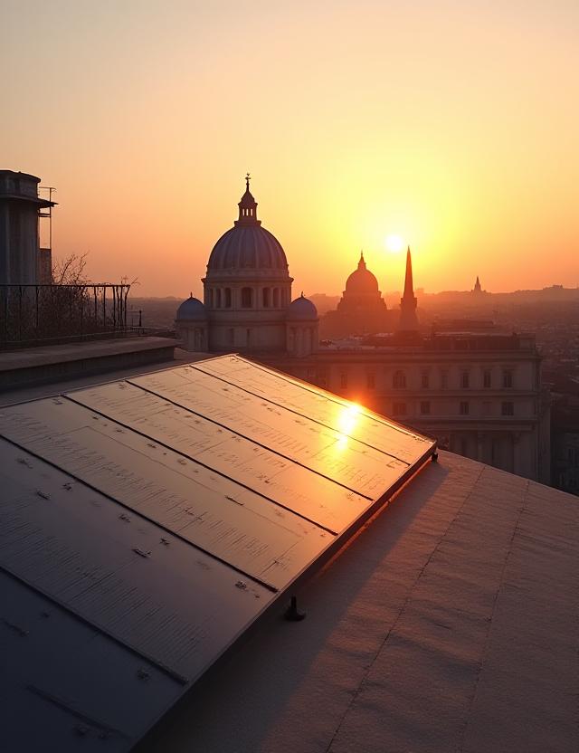 Vista telescopica dei tetti di Roma con pannelli solari eleganti