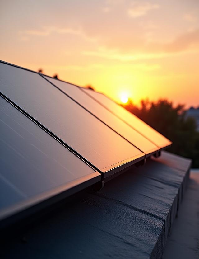 Impianto fotovoltaico moderno al tramonto